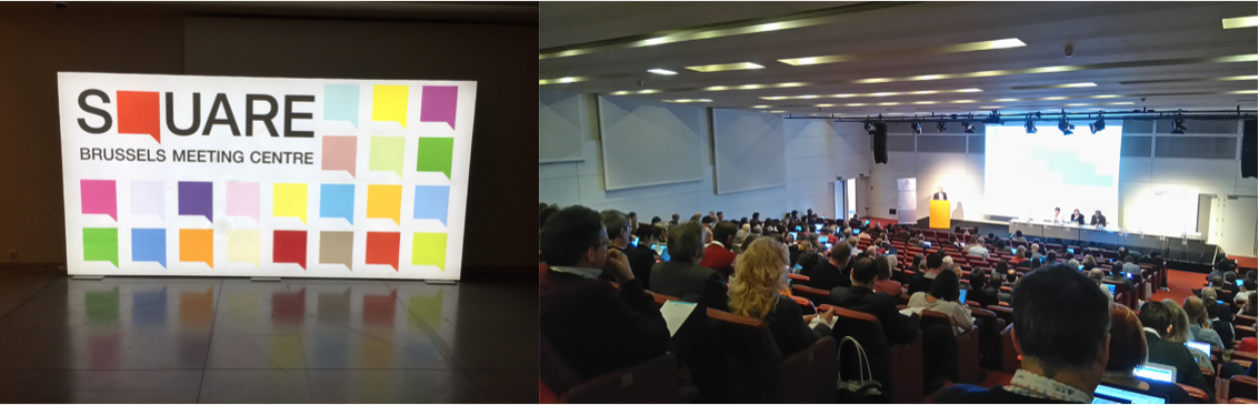 Left: Logo of Square meeting centre in Brussels; Right: plenary of event